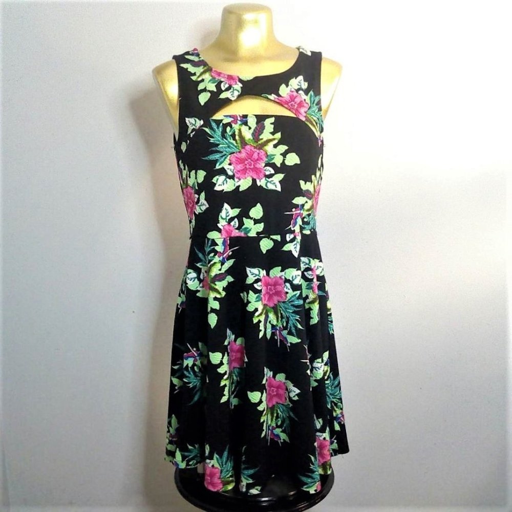 Floral Cutout Black Skater Dress with Pink Blooms